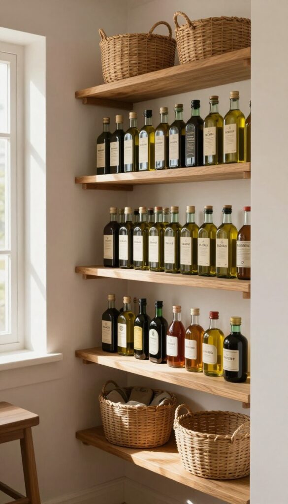 Pantry corner shelf with wooden lazy Susan holding organized bottles of oil and vinegar, warm natural light.