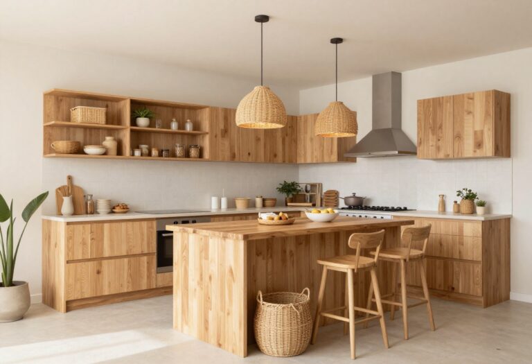 Cozy Bloxburg kitchen with open shelving and warm lighting
