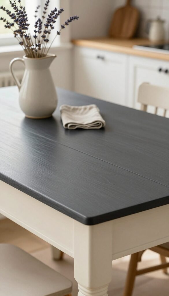 Two-tone kitchen table with charcoal top and cream base, styled with lavender and linen