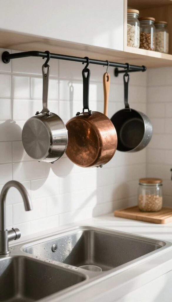 Pot rack hanging over sink in small wet kitchen with natural light