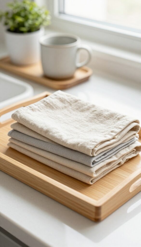 Stack of neutral dish towels on a wooden tray on a kitchen counter