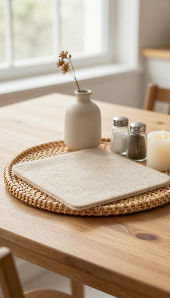 A felt pad under a decorative tray on a kitchen table, holding a vase, salt and pepper shakers, and a candle.