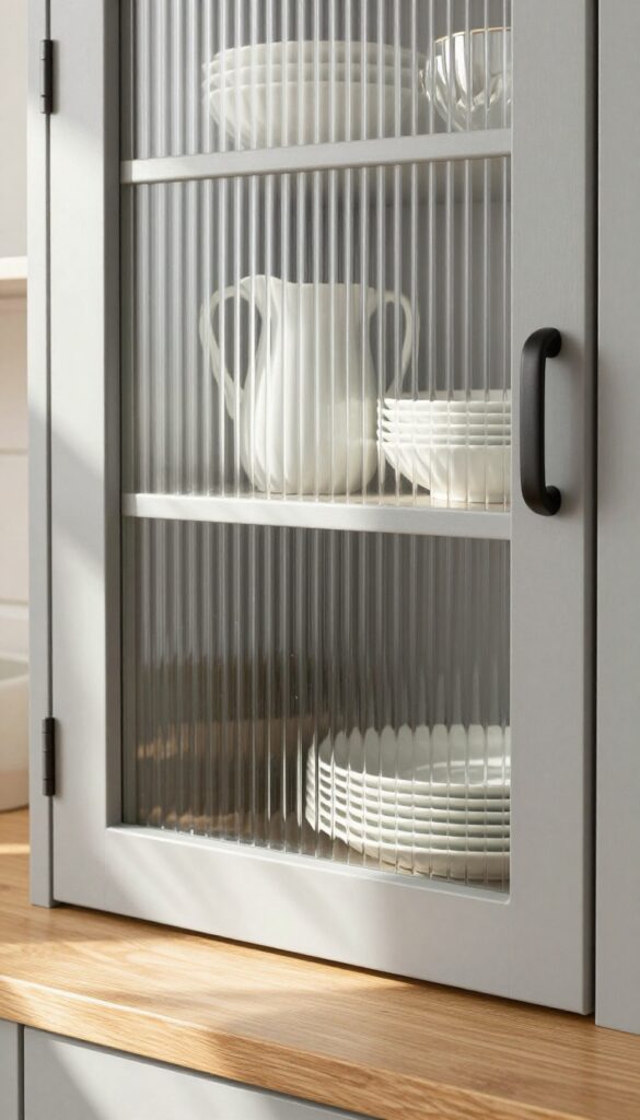 Reeded glass kitchen cabinet doors with soft natural light, warm wood countertop, and matte black hardware.