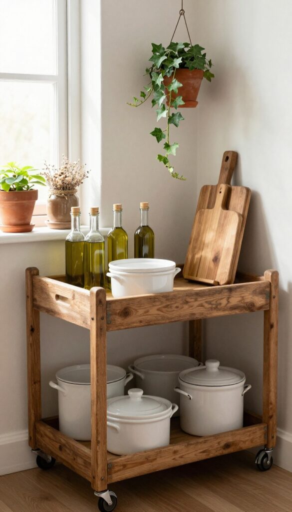 A farmhouse pantry with a wooden rolling cart stocked with kitchen essentials and a trailing plant, styled in a bright corner.