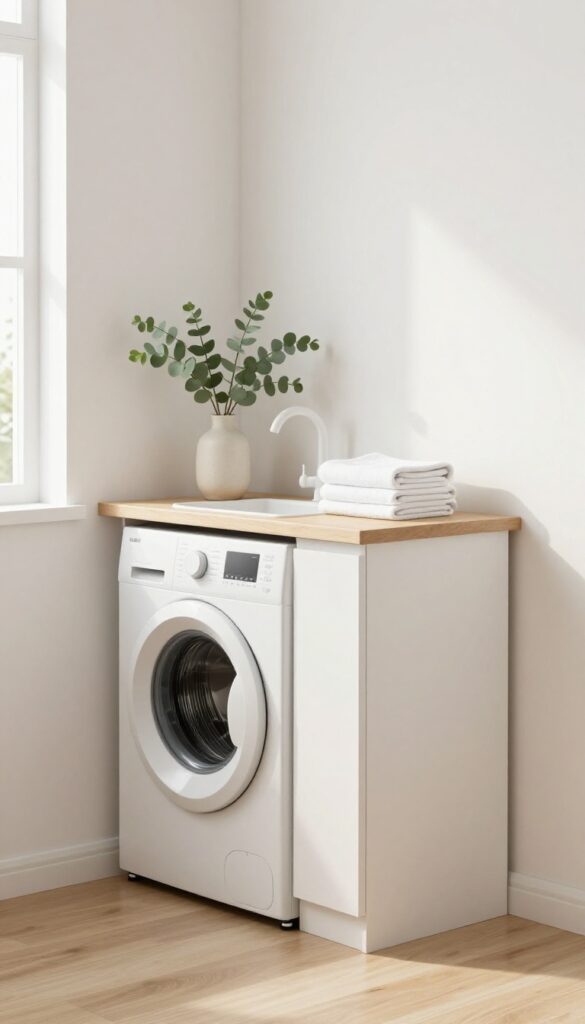 Unified light paint color in a shared kitchen and laundry corner with white cabinets, stacked washer-dryer, and natural light