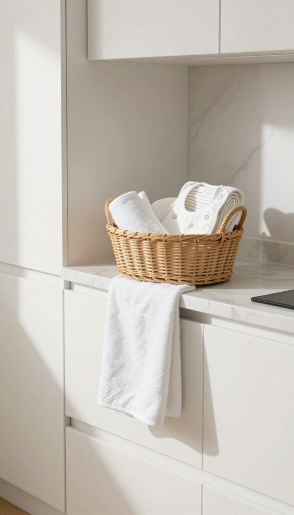 A hanging rattan basket on the side of a white kitchen cabinet, filled with rolled white towels and folded bibs, in a bright modern kitchen.