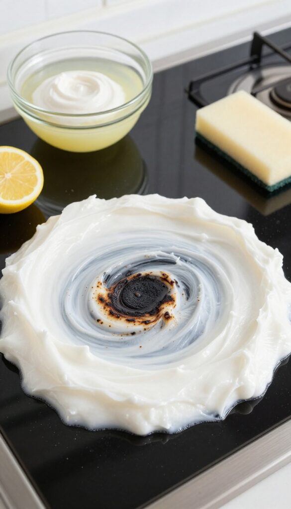 Lemon juice and cream of tartar paste applied to burnt spots on a glass stovetop