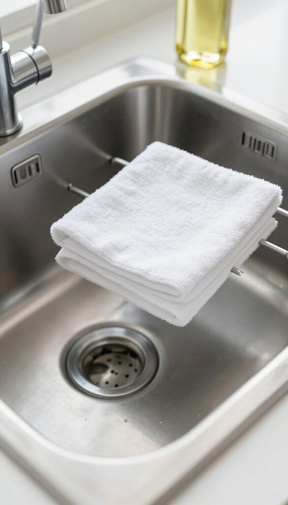 Polished stainless steel sink with olive oil and cloth