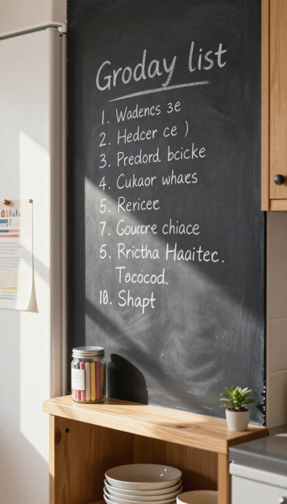 Cozy kitchen corner with a chalkboard wall beside the fridge, featuring handwritten notes and a small shelf with chalk and a plant.