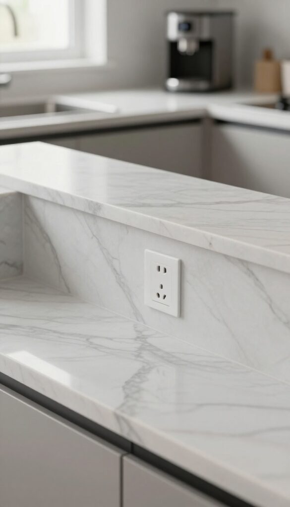 Marble backsplash with hidden outlet cover blending into the stone