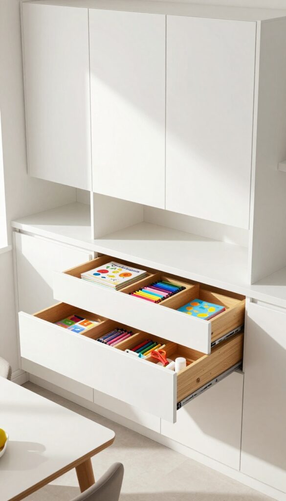 Under-cabinet drawer open with organized art supplies in a modern kitchen
