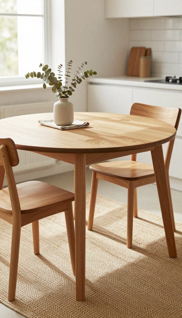 Small kitchen dining area with round wooden table and chairs on a beige jute rug with herringbone weave, natural light, eucalyptus vase, linen napkin, white countertop and subway tile backsplash.
