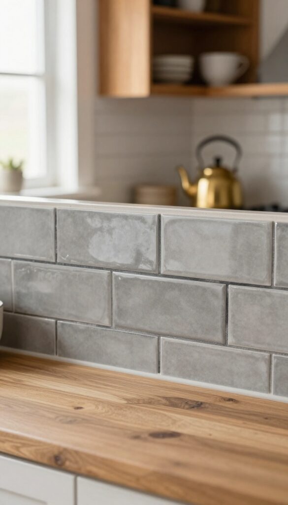 Warm grey subway tile backsplash with black grout, wood open shelving, and butcher block countertop in a bright kitchen.