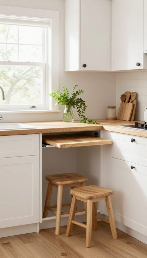 Under-cabinet pull-out table in a galley kitchen with butcher block surface, fresh herbs, and nesting stools