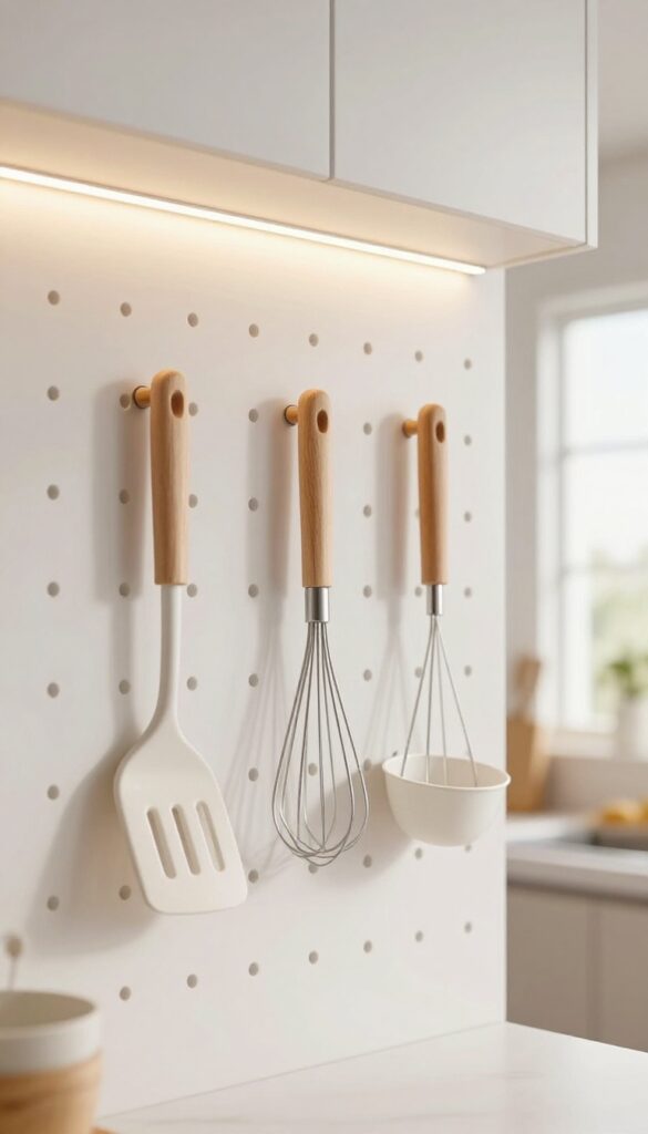 White pegboard with built-in LED strip lighting highlighting kitchen tools in a bright, organized kitchen