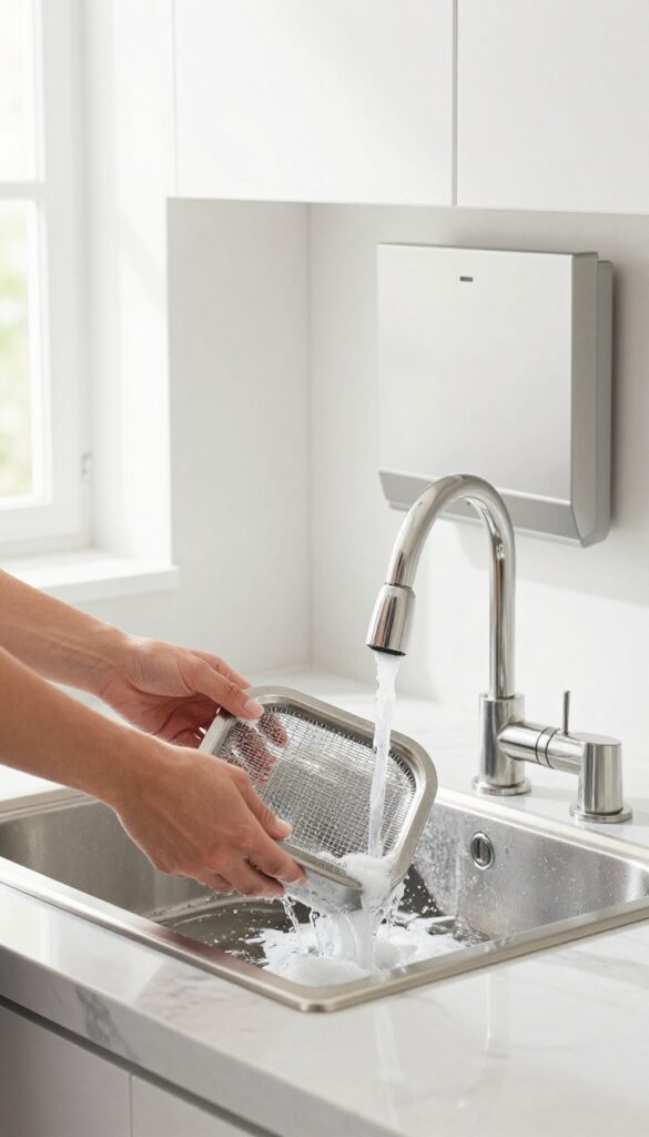 Hands removing a metal range hood filter to soak in a sink with baking soda, clean light fixture in background.