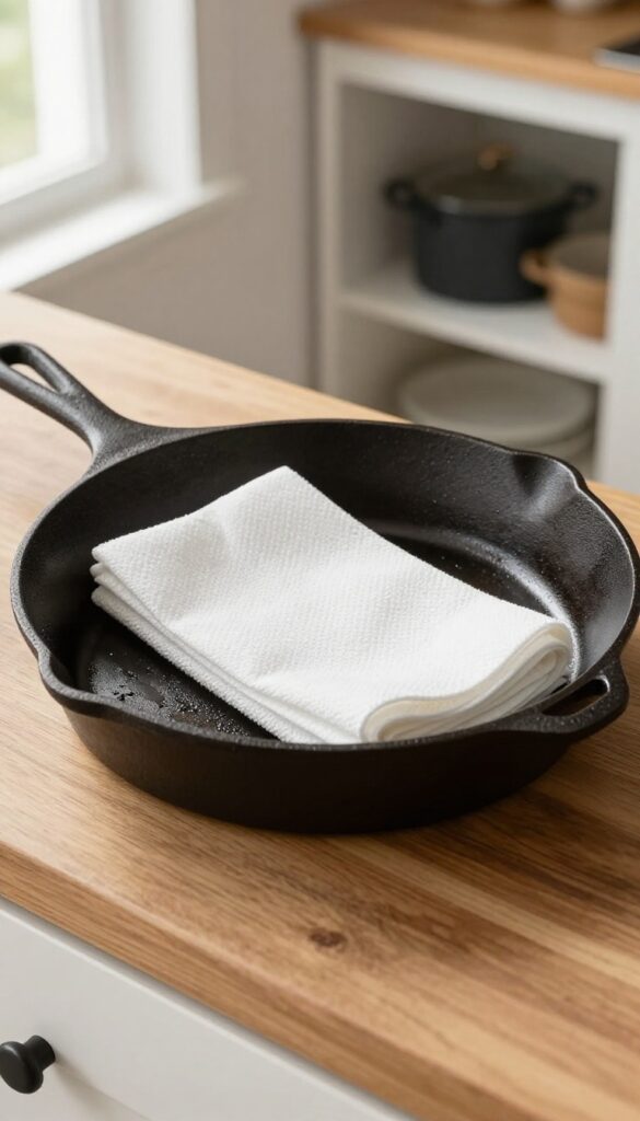 Cast iron skillet with a paper towel inside on a wooden countertop, natural lighting, clean composition.