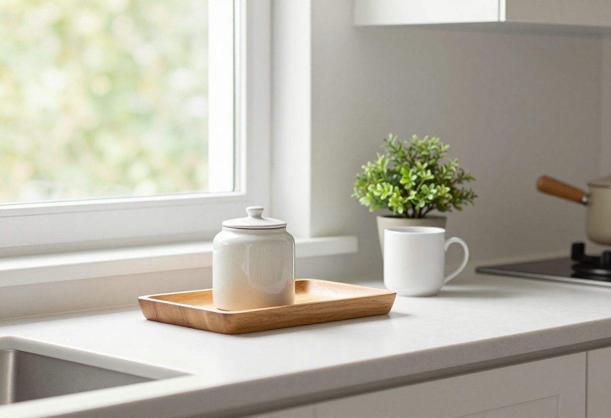 Decorative tray on kitchen counter with coffee canister and plant