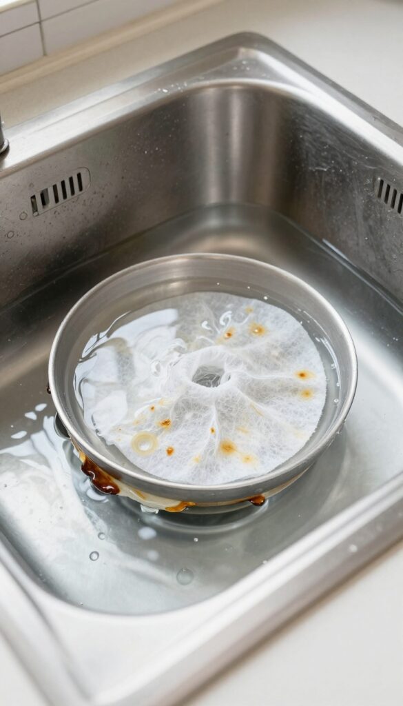 Stainless steel pan with greasy bottom soaking in warm water with a dryer sheet, kitchen sink, bright natural light.