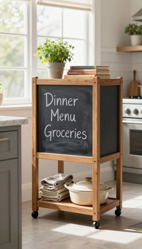 Rolling cart with chalkboard side in a cozy kitchen, holding herbs and cookbooks
