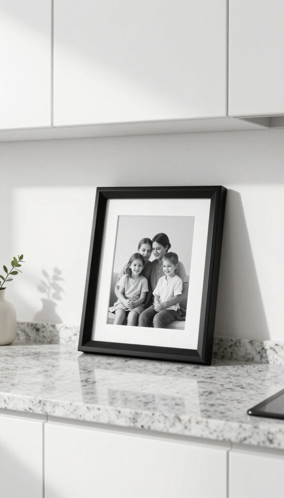 Small framed photo on empty kitchen wall between counter and cabinets
