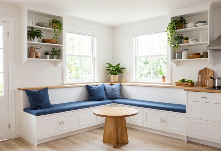 Cozy kitchen booth with blue cushioned benches and a round wooden table in a bright kitchen corner.