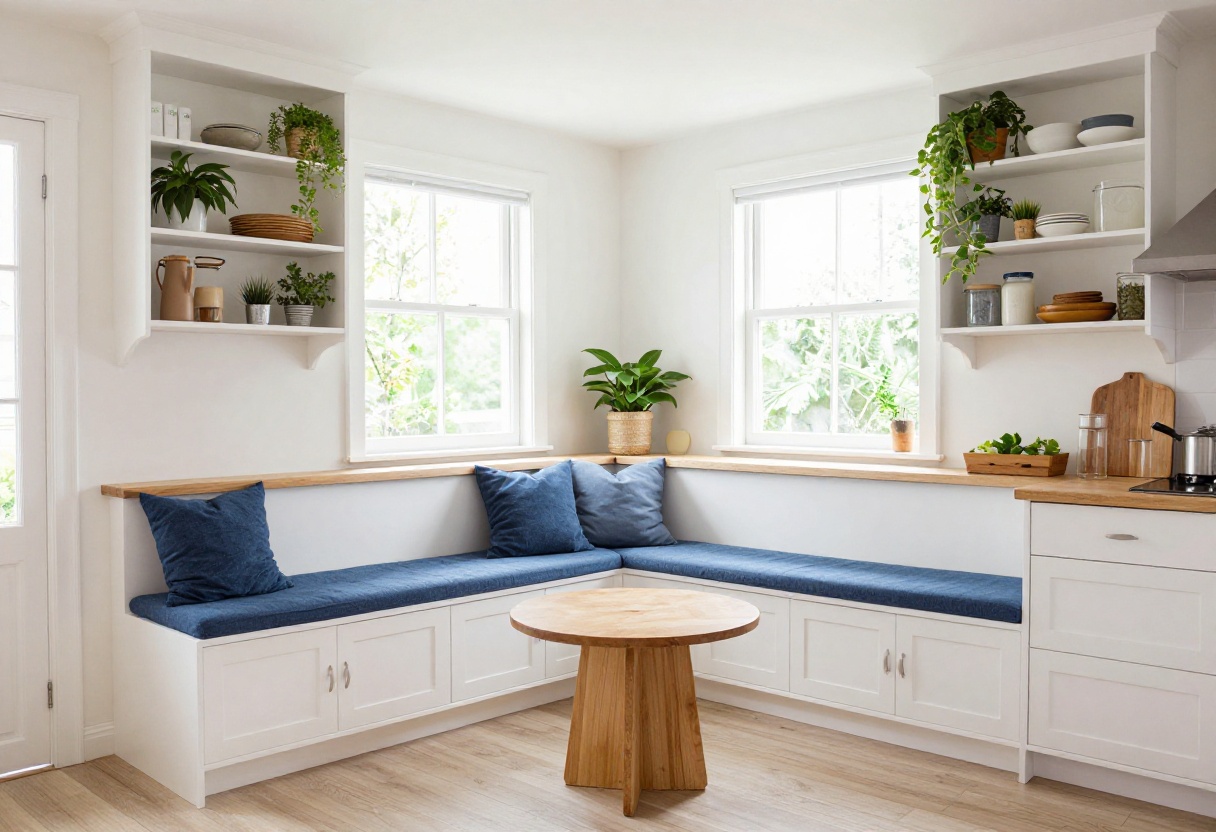 Cozy kitchen booth with blue cushioned benches and a round wooden table in a bright kitchen corner.