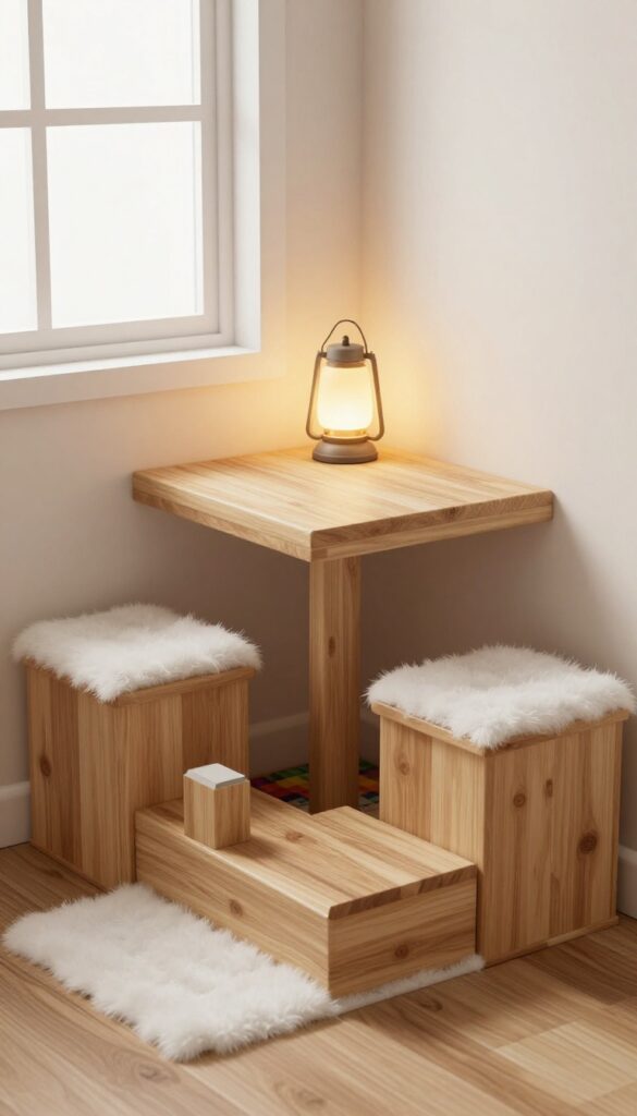 Compact Minecraft breakfast nook with stair benches, pressure plate table, hanging lantern, and rug in a tiny kitchen