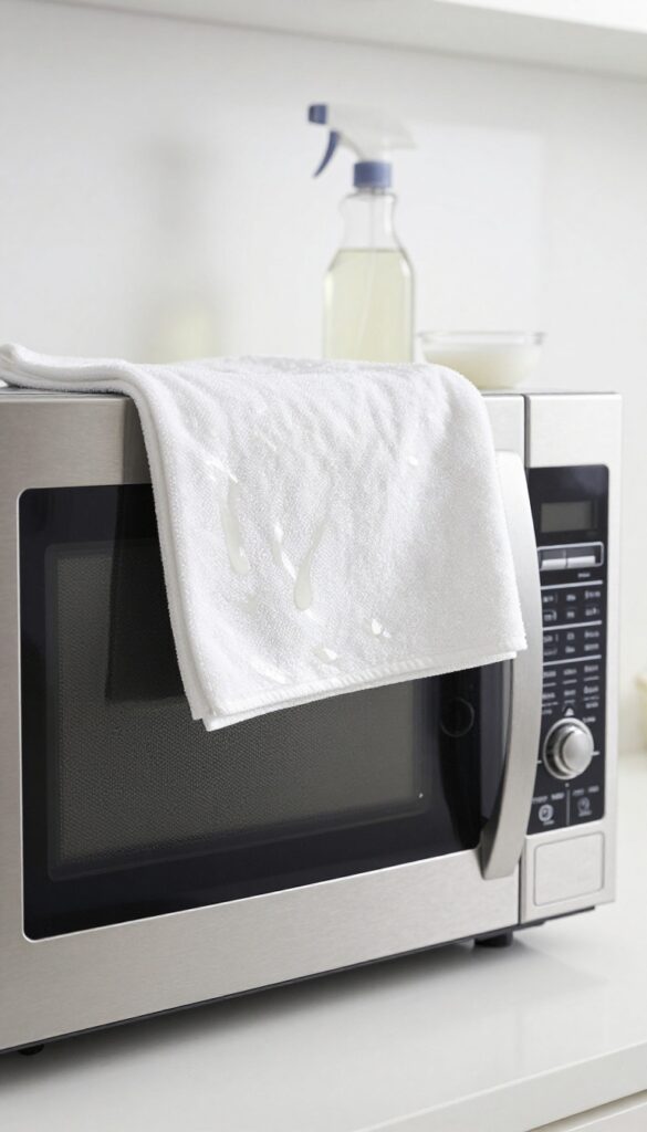 Cleaning microwave exterior with vinegar solution and microfiber cloth