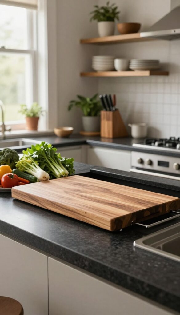 A kitchen peninsula with a built-in cutting board slide, featuring a walnut board extending over a drawer, with natural light and fresh ingredients.