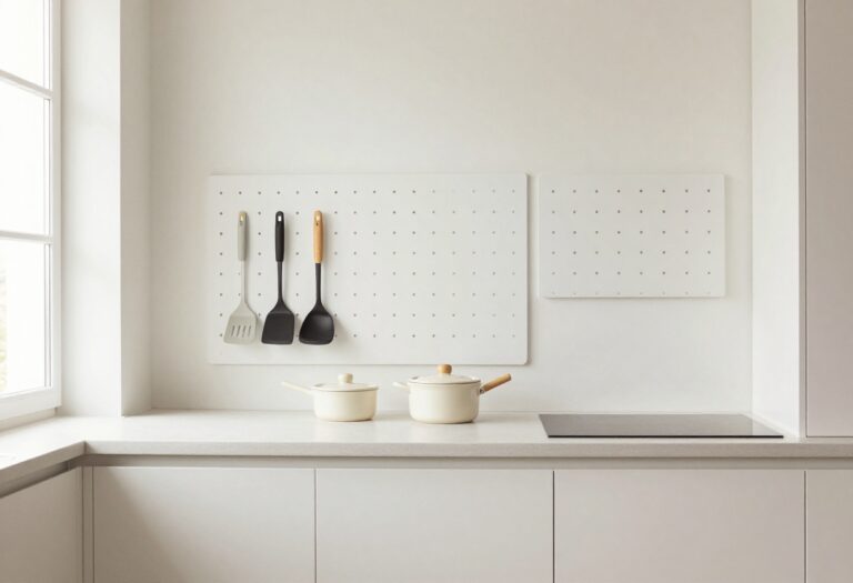 Kitchen pegboard with hanging utensils and spice baskets on a white wall