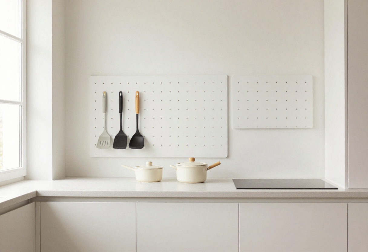 Kitchen pegboard with hanging utensils and spice baskets on a white wall