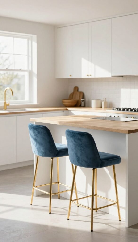 Blue velvet bar stools with gold legs in a light and airy kitchen
