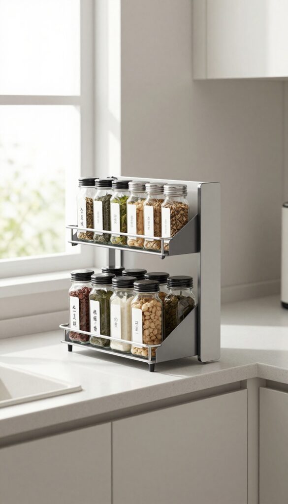 Pull-out spice rack in narrow gap between kitchen counter and upper cabinets, filled with uniform glass spice jars.