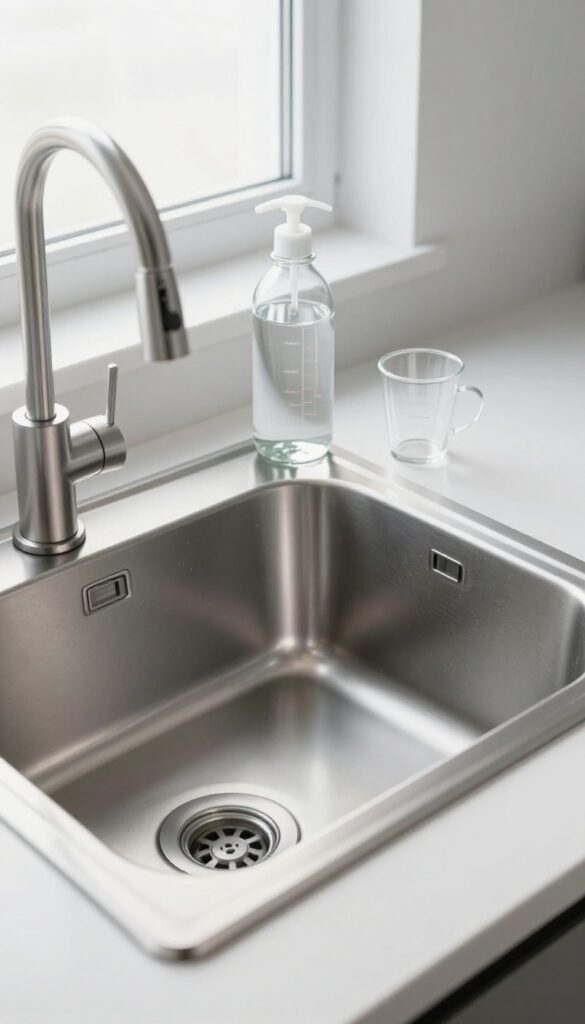 Hydrogen peroxide bottle next to kitchen sink for garbage disposal cleaning