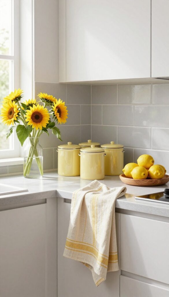 Small kitchen with grey subway tile backsplash and yellow ceramic canisters, tea towel, and sunflowers on counter