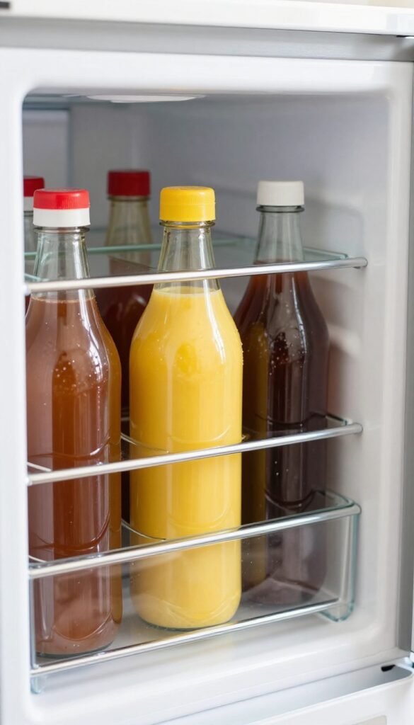 Clean refrigerator condiment door with organized bottles on sparkling shelves.