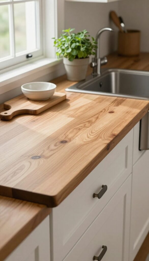 Butcher block countertop in a small farmhouse kitchen with white cabinets, natural light, and simple decor.