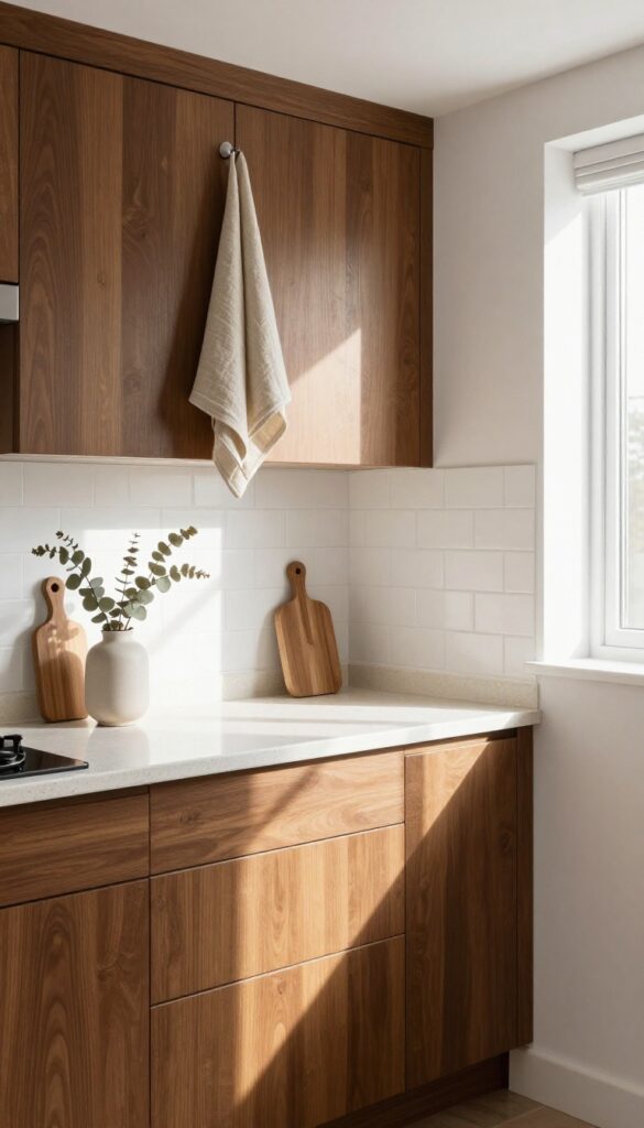 Small kitchen with brown cabinets, white walls, cream countertop, and beige linen towels in natural light.