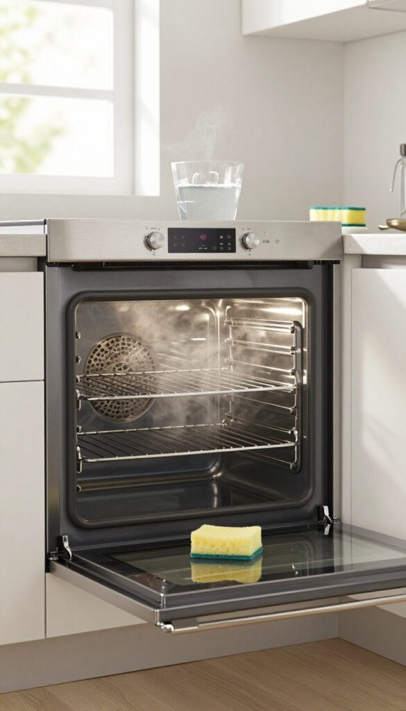 Modern kitchen with oven door open, racks removed, and self-cleaning cycle indicator, bright natural light