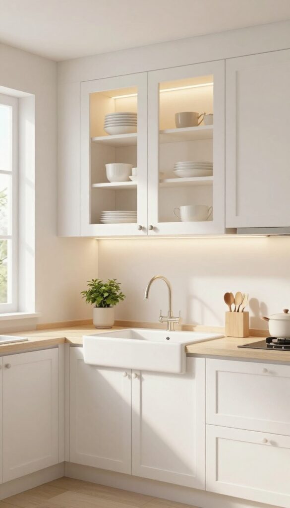 Kitchen with one glass-front cabinet above sink, displaying white dishes and a plant, soft lighting.