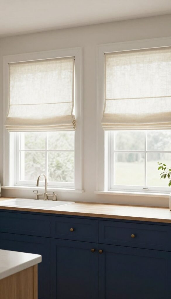 Kitchen with navy cabinets and a soft cream linen roman shade above the sink, bright natural light, cozy atmosphere