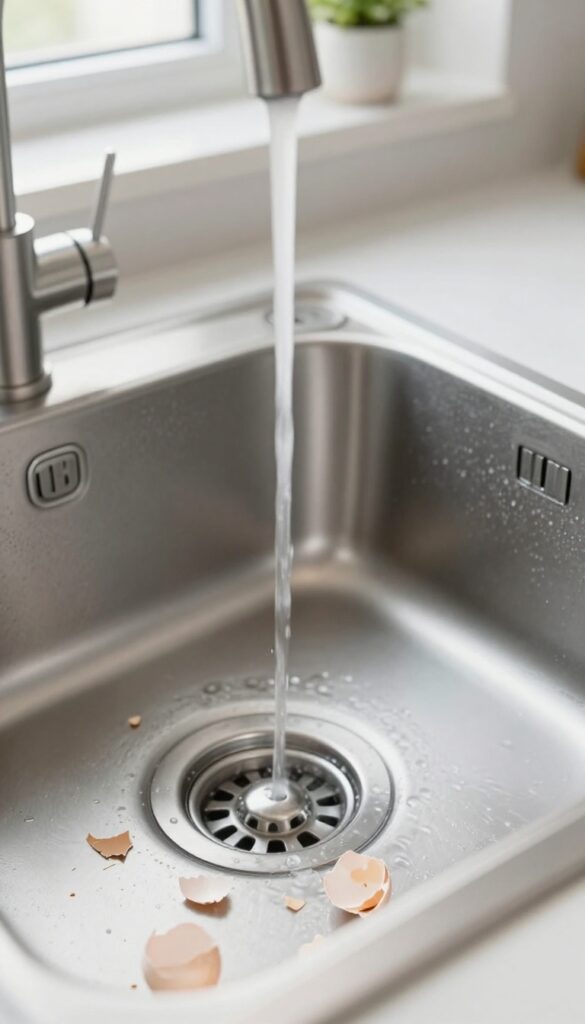 Close-up of kitchen sink drain with crushed eggshells and running water for garbage disposal cleaning