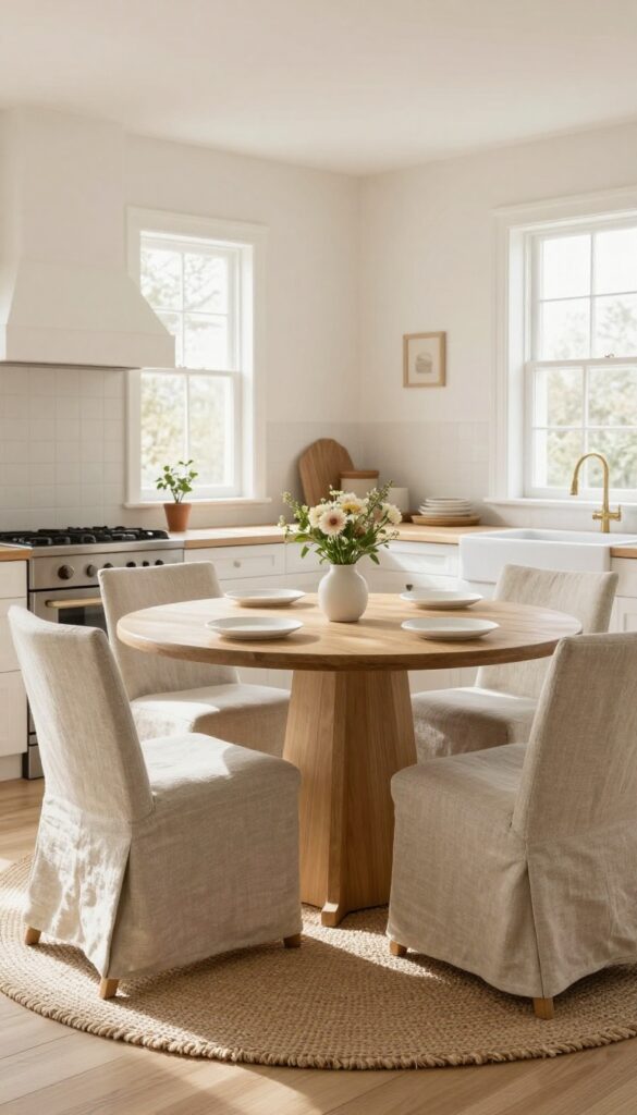 Round pedestal table with upholstered chairs in a light and airy kitchen dining area