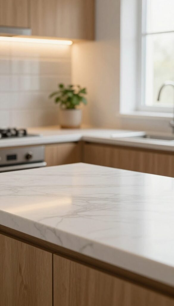 Under-cabinet LED strip lights illuminating a small kitchen countertop with a clean, warm glow, creating a bright and spacious feel.