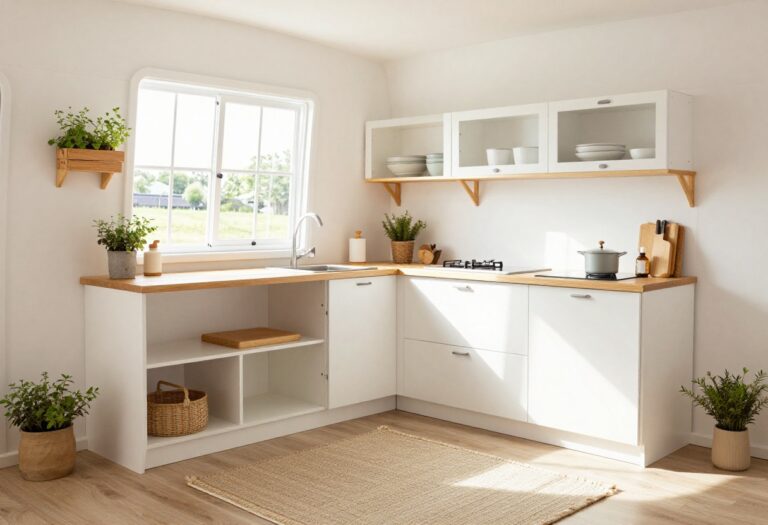 Light and airy campervan kitchen with open shelving, fold-down counter, and herb planter by the window.