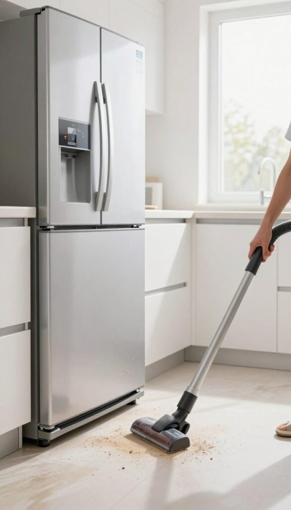 Person vacuuming under a refrigerator in a bright kitchen to remove dust and debris
