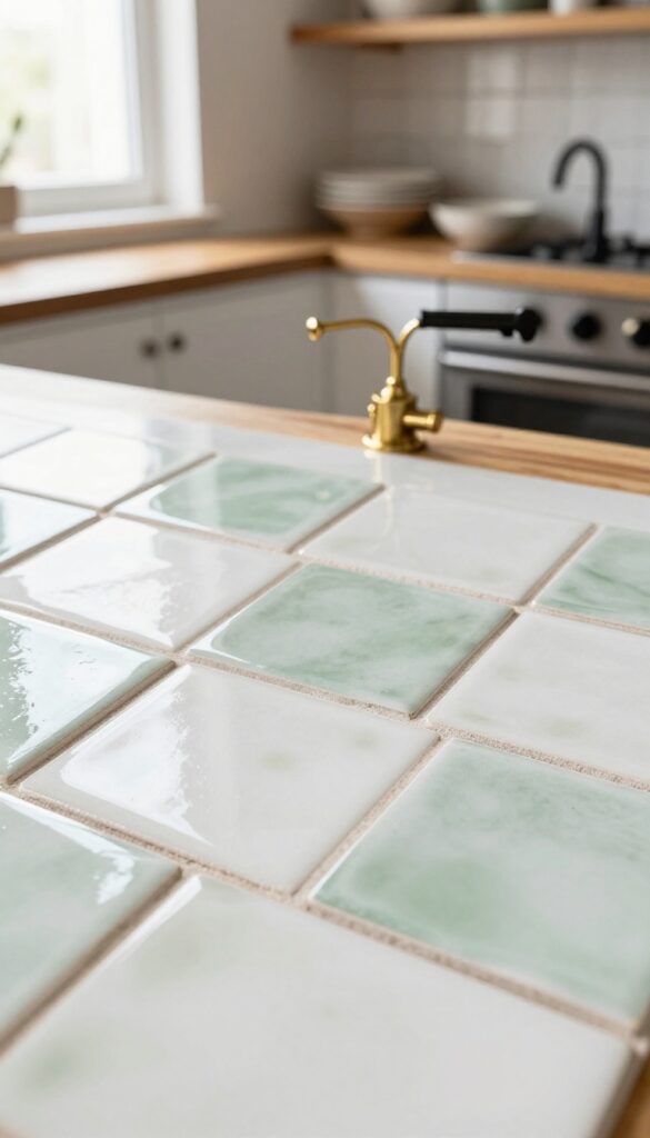 Close-up of Zellige tile backsplash in soft white and sage green with irregular glaze, butcher-block countertop, and brass fixtures.
