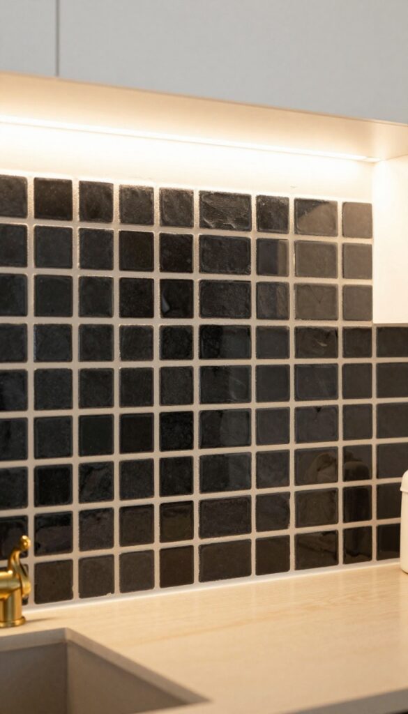 Black textured tile backsplash with zellige tiles in a modern kitchen, warm lighting, brass faucet