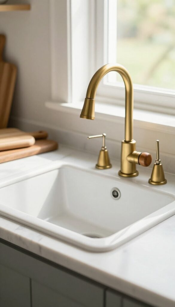 White farmhouse sink with a wooden faucet handle in a bright kitchen